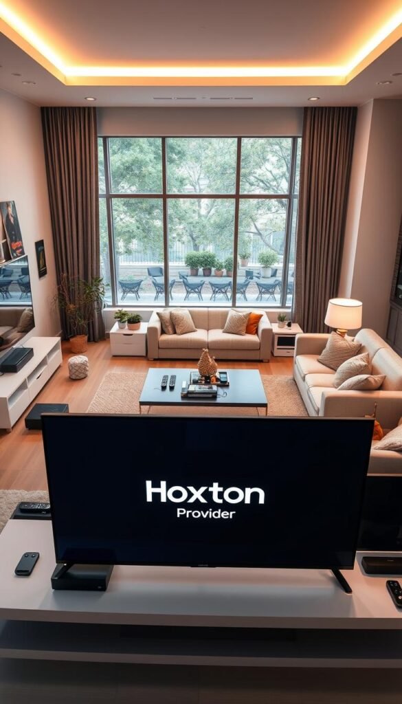 A state-of-the-art living room setup showcasing the evolution of television streaming services. In the foreground, a sleek, minimalist entertainment system features a large, high-definition display prominently displaying the Hoxtoon Provider logo. Surrounding the display are various streaming devices, remote controls, and other peripherals, all seamlessly integrated for a cohesive user experience. The middle ground depicts a cozy, well-lit seating area, with plush furniture and carefully curated decor, creating an inviting atmosphere for immersive entertainment. In the background, large windows allow natural light to flood the space, complementing the warm, modern aesthetic. The overall scene conveys the ease, convenience, and technological advancements that have transformed the way we consume television content in the digital age.
