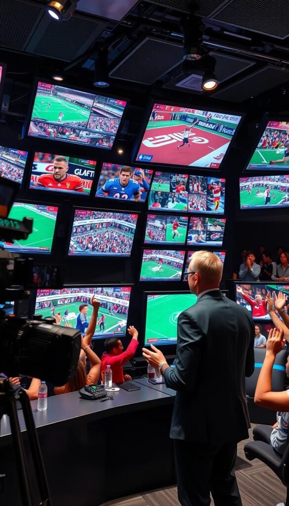 A state-of-the-art sports broadcasting studio, showcasing multiple high-definition screens displaying a diverse array of live IPTV sports channels from the Hoxtoon Provider. Sleek black and silver equipment, precise camera angles, and professional lighting create a dynamic, immersive environment. In the foreground, a presenter in a sharp suit analyzes the latest sports events, while in the background, fans cheer and celebrate the thrilling action unfolding on the crisp, vibrant displays. An atmosphere of energy, excitement, and top-tier sports coverage permeates the scene.
