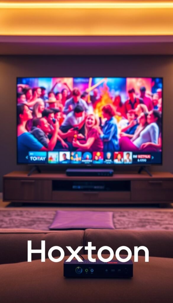 A streaming IPTV service with seamless, uninterrupted playback. A large, high-definition display shows vivid, vibrant footage of a popular TV show or movie, with no buffering or freezing. In the foreground, the Hoxtoon Provider logo is prominently displayed, conveying reliability and quality. The scene is bathed in warm, cinematic lighting, creating a cozy, immersive atmosphere. The middle ground features a sleek, minimalist media center or streaming device, symbolizing the technology powering the smooth IPTV experience. The background showcases a modern, stylish living room setting, further emphasizing the comfortable, high-end nature of the viewing environment.