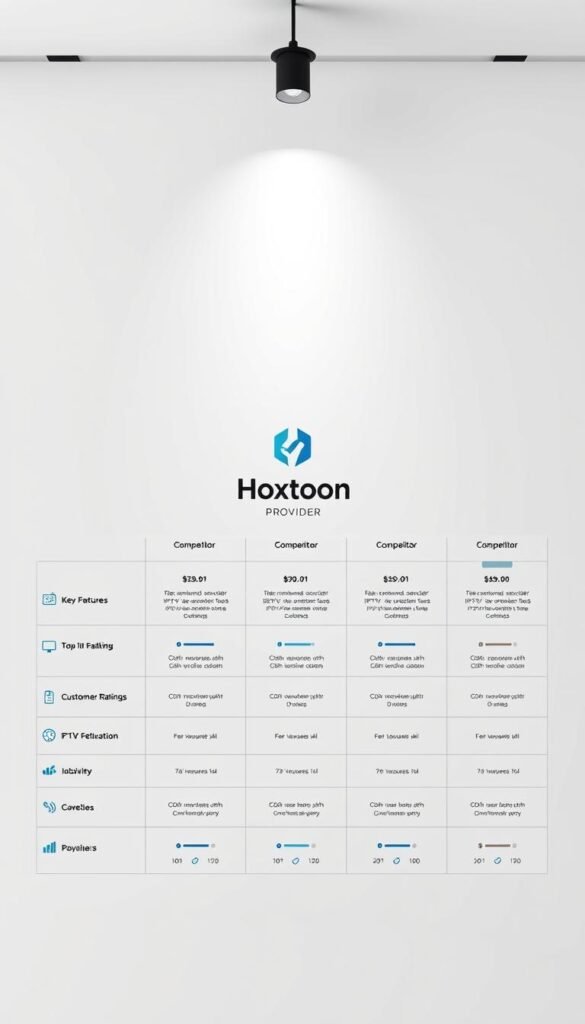 A stylish comparison chart showcasing leading IPTV service providers, set against a modern, minimalist backdrop. In the center, the Hoxtoon Provider logo stands out prominently, surrounded by neatly organized columns detailing key features, pricing, and customer ratings for the top competitors. Sleek icons, elegant typography, and a cool color palette create a sophisticated, data-driven visual. Crisp lighting from an overhead, studio-style setup highlights the clean, professional layout, inviting the viewer to easily assess the IPTV landscape and Hoxtoon's positioning within it.