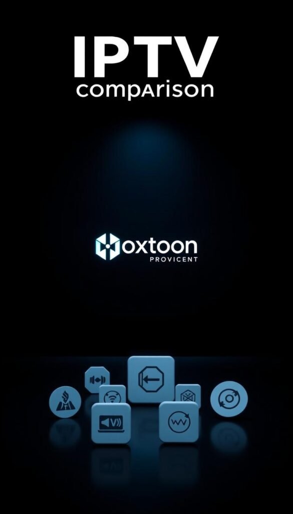 A stylish, minimalist comparison of IPTV services, featuring the Hoxtoon Provider brand prominently in the center. The scene is set against a sleek, dark background, with a subtle grid pattern or hexagonal motif to evoke a digital, technological feel. In the foreground, there are elegant icons or logos representing various IPTV service offerings, arranged in a visually striking manner. The lighting is soft and directional, casting subtle shadows and highlights to create depth and dimension. The overall mood is one of sophistication, professionalism, and the cutting edge of digital entertainment technology.