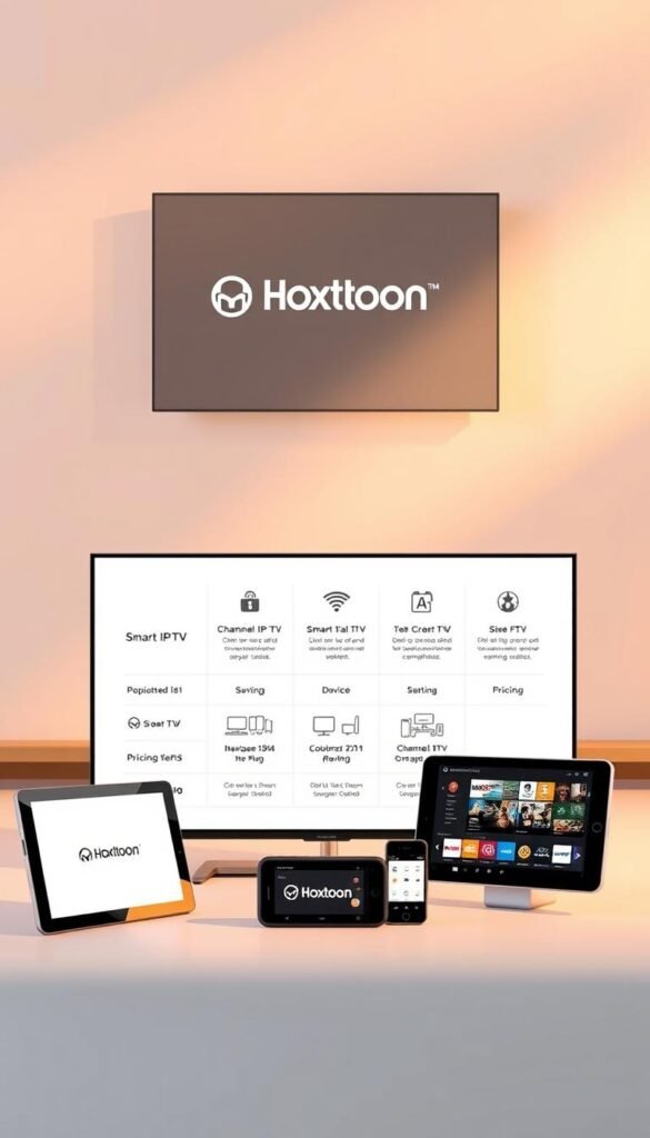 A stylish, minimalist comparison of the features and capabilities of the Hoxtoon IPTV service. In the foreground, sleek devices like a smart TV, tablet, and smartphone are displayed, each showcasing the Hoxtoon logo and interface. The middle ground features a clean, data-driven infographic highlighting the service's channel selection, device compatibility, and pricing tiers. The background is a soft, gradient-based environment, providing a modern and sophisticated ambiance. Warm, directional lighting from the side creates depth and emphasizes the product details. The overall composition conveys the Hoxtoon IPTV service as a premium, high-quality option for cord-cutters.