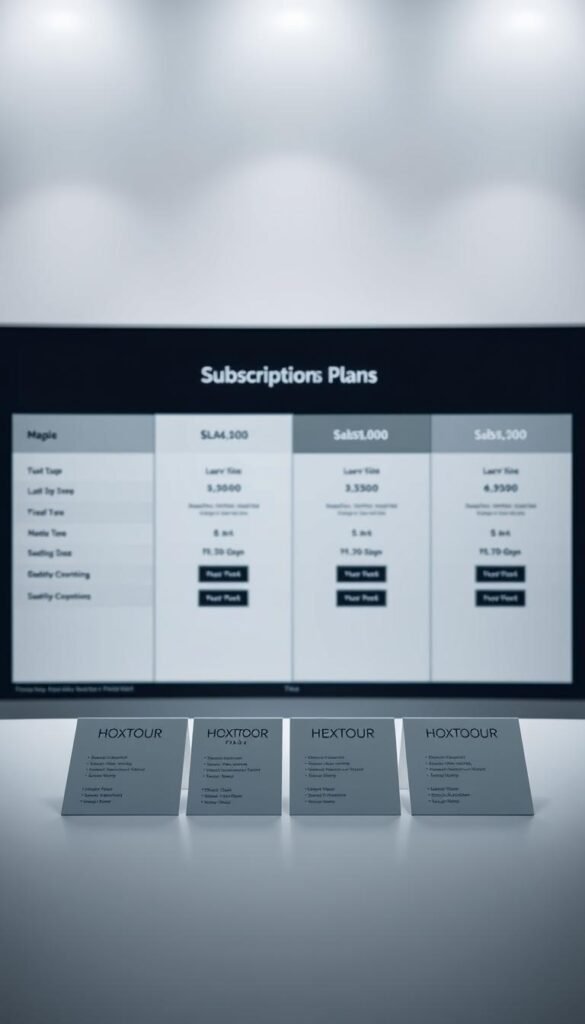 A stylish, minimalist table showcasing Hoxtoon Provider's subscription plans. In the foreground, sleek, monochrome cards display the plan details against a soft, diffused backdrop. The middle ground features a clean, modern layout with well-defined sections for each plan tier, using a muted color palette to create a sense of sophistication. The background is a simple, gradient-based environment, allowing the plans to take center stage. Subtle lighting from above casts gentle shadows, adding depth and dimension to the scene. The overall mood is one of elegance and professionalism, reflecting Hoxtoon Provider's premium IPTV services.