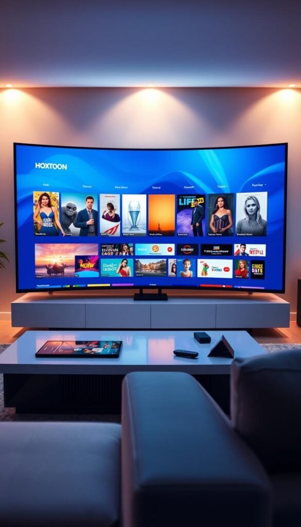 A stylized and visually striking image of a sleek, modern living room showcasing the entertainment offerings of the Hoxtoon Provider streaming service. In the foreground, a large, curved OLED television dominates the scene, its screen displaying a vibrant and diverse array of on-demand content. The middle ground features a contemporary, minimalist coffee table adorned with a tablet and remote control, hinting at the seamless integration of the Hoxtoon platform. The background is illuminated by warm, diffused lighting, creating a cozy and inviting atmosphere. The overall composition conveys a sense of high-end, sophisticated entertainment tailored for the discerning expat viewer.