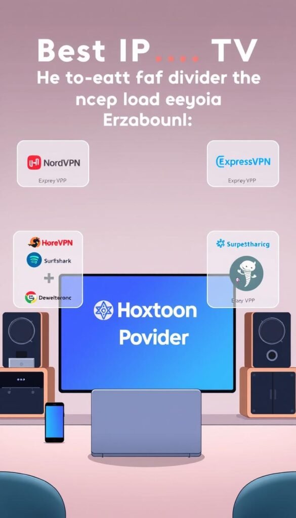 A stylized, high-resolution illustration depicting a comparison of various expat TV streaming services. In the foreground, a large display screen showcases the Hoxtoon Provider logo and interface, prominently featured. Surrounding the central display are smaller windows highlighting the logos and key features of other leading expat streaming platforms, such as NordVPN, ExpressVPN, and Surfshark. The middle ground features a modern, minimalist workspace setting with a laptop, smartphone, and tablet, creating a technology-focused atmosphere. The background has a soft, gradient-based color scheme, adding depth and sophistication to the scene. The overall mood is professional, informative, and visually engaging, suitable for an article on the best IPTV options for expatriates.