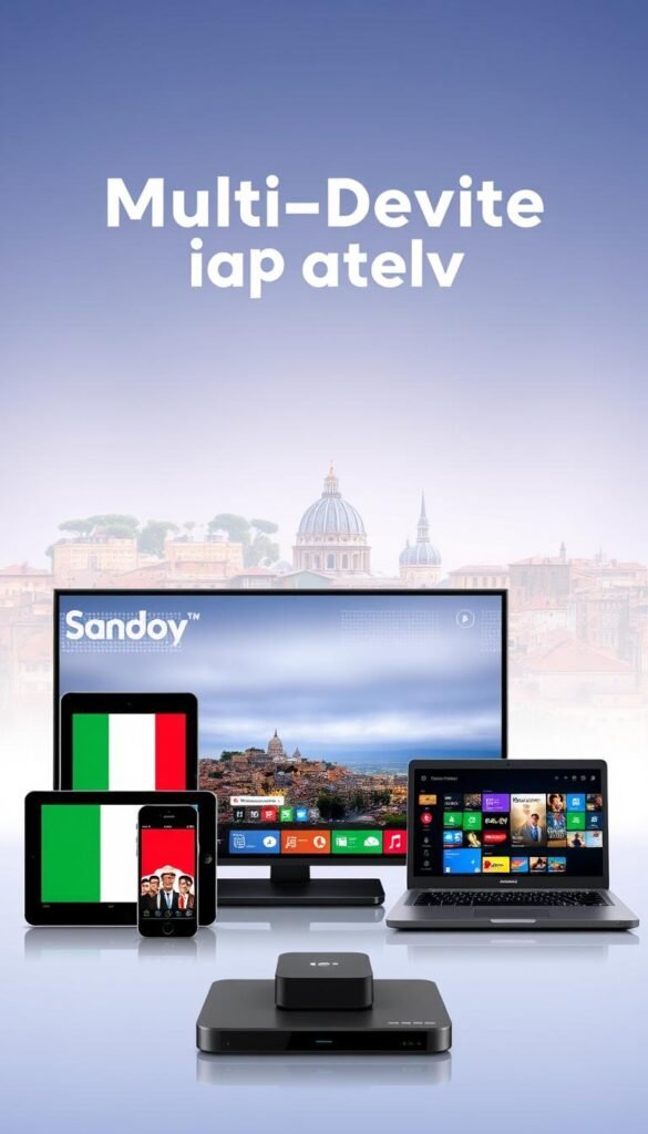 A stylized illustration depicting the multi-device compatibility of a Hoxtoon Provider IPTV service. In the foreground, a group of modern electronic devices including a smart TV, tablet, smartphone, and laptop are arranged harmoniously, showcasing the ability to simultaneously stream live Italian TV channels across multiple platforms. The middle ground features a vibrant cityscape of Rome, with iconic landmarks like the Colosseum and St. Peter's Basilica in the distance, hinting at the international content available. The background is filled with a soft, ethereal glow, conveying a sense of seamless, high-quality streaming. The overall composition is sleek, minimalist, and visually striking, reflecting the advanced multi-device compatibility of the Hoxtoon Provider IPTV service.