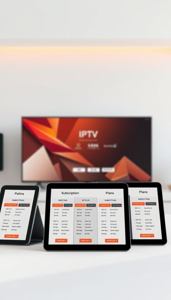 A stylized, realistic-looking illustration of IPTV subscription plans offered by the Hoxtoon Provider. The image showcases three distinct plans, each with a clear hierarchy and visual differentiation. The foreground features the plan details displayed on sleek, modern tablets or devices, with elegant typography and clear pricing information. The middle ground includes abstract geometric shapes and patterns that create a visually striking and cohesive layout. The background is a softly blurred, minimalist environment, providing a clean and sophisticated setting. The overall composition conveys a sense of professionalism, attention to detail, and the high-quality services offered by the Hoxtoon Provider.