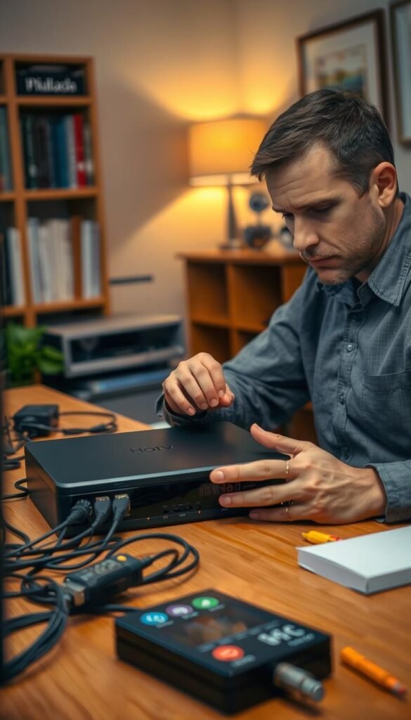 A technician examining a Hoxtoon Provider IPTV set-top box, troubleshooting connection issues. The scene is set in a cozy home office, with the box resting on a wooden desk surrounded by cables and diagnostic tools. Soft, warm lighting creates a focused, problem-solving atmosphere. The technician's expression is one of concentration as they meticulously test connections and settings, determined to resolve the customer's IPTV challenges. The background features a bookshelf and framed artwork, suggesting an environment of expertise and professionalism.