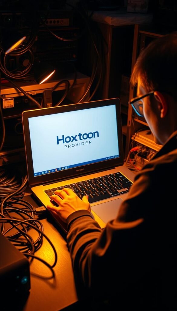 A technician examining a laptop displaying IPTV troubleshooting diagnostics, surrounded by network cables, routers, and other technical equipment. The scene is illuminated by a warm, focused light, casting shadows that add depth and drama. The Hoxtoon Provider logo is prominently displayed on the laptop's screen, reflecting the subject's focus on resolving IPTV issues. The overall atmosphere conveys a sense of problem-solving and technical expertise.