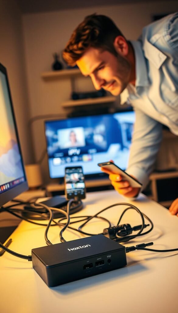 A technician examining an IPTV setup, troubleshooting various components. In the foreground, a desktop computer with multiple cables and a Hoxtoon Provider device. The middle ground shows a smartphone displaying IPTV streaming, while the background depicts a home entertainment system with a TV, router, and other networking equipment. Warm lighting illuminates the scene, creating a focused, problem-solving atmosphere. The composition emphasizes the technical nature of IPTV troubleshooting, with a clean, minimalist aesthetic.