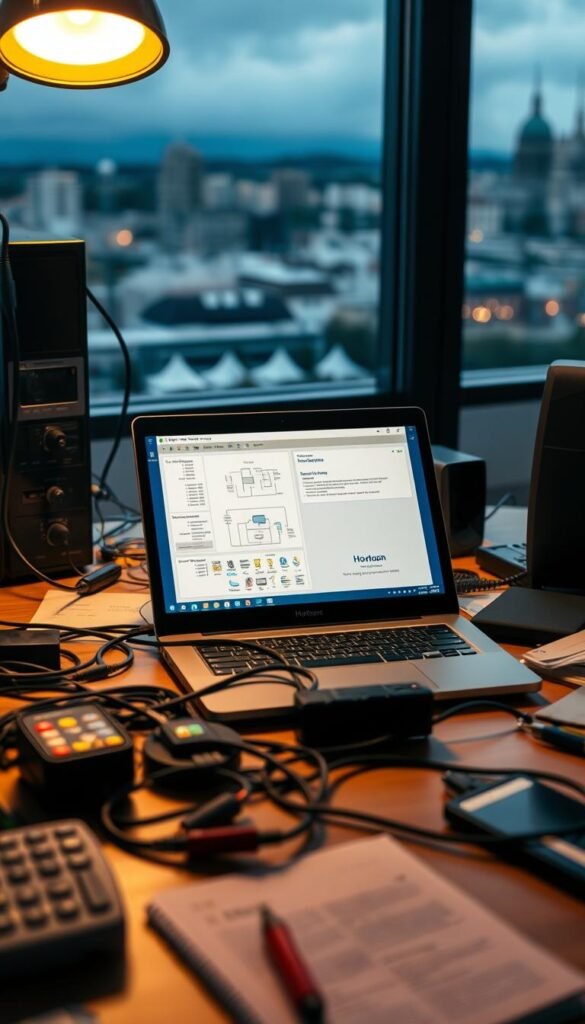 A technician's workstation, illuminated by warm, task-focused lighting, displays a laptop connected to a Hoxtoon Provider IPTV setup. Diagnostic tools, cables, and troubleshooting guides litter the desk, creating an atmosphere of focused problem-solving. In the middle ground, a schematic diagram and error logs provide clues to the IPTV issue at hand. The background features a blurred cityscape, hinting at the broader context of delivering reliable IPTV services in Germany.