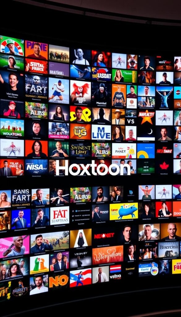 A vast and vibrant IPTV content library, showcasing the Hoxtoon Provider's expansive offering. A sleek, modern interface displays rows of genre-specific thumbnails, inviting exploration. The middle ground features a curated selection of popular channels, while the background reveals a diverse array of live and on-demand entertainment options. Subtle lighting accentuates the crisp, high-definition visuals, creating an immersive and visually captivating experience. The Hoxtoon Provider logo prominently displayed, conveying a sense of quality and professionalism.