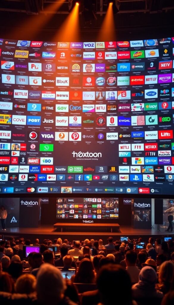 A vast and vibrant on-screen display showcasing the unparalleled content library of the Hoxtoon Provider, bathed in a warm, cinematic light. In the foreground, rows of colorful channel logos and icons dance across the screen, hinting at the sheer breadth of entertainment options available. The middle ground features a sleek, minimalist interface with intuitive navigation controls, inviting the viewer to explore this expansive universe of live TV, movies, and more. In the background, a soft, out-of-focus cityscape sets the stage, suggesting the global reach and versatility of the Hoxtoon platform. The overall mood is one of excitement and endless possibilities, reflecting the true essence of this exceptional IPTV service.