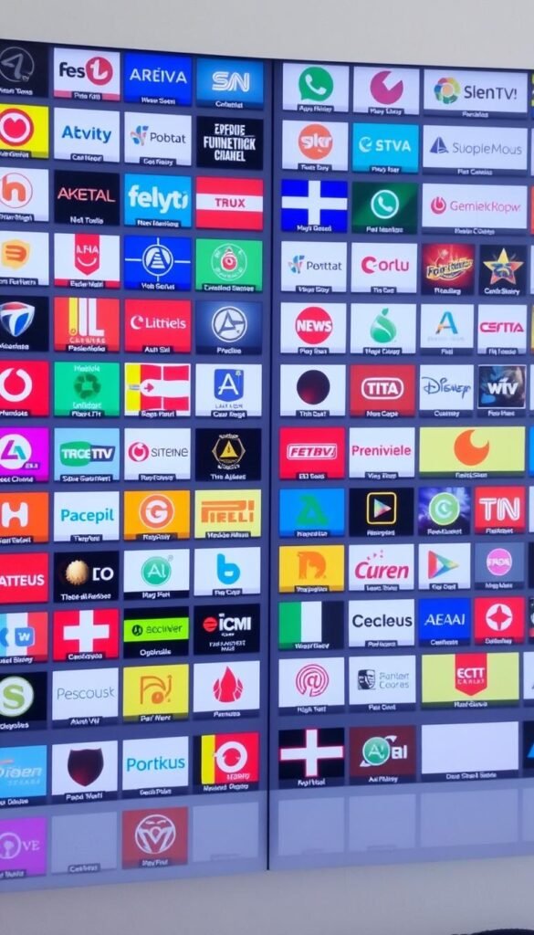 A vast array of Austrian IPTV channels fills the frame, showcasing the extensive channel library of the Hoxtoon Provider. The channels are displayed in a clean, organized grid, with each tile featuring the logo and name of the channel. The background is a soft, neutral tone, allowing the vibrant channel logos to take center stage. The lighting is balanced, creating a crisp, professional look, and the camera angle is slightly elevated, giving a sense of breadth and depth to the scene. The overall mood is one of informative clarity, highlighting the sheer variety of entertainment options available through the Hoxtoon Provider's IPTV service.