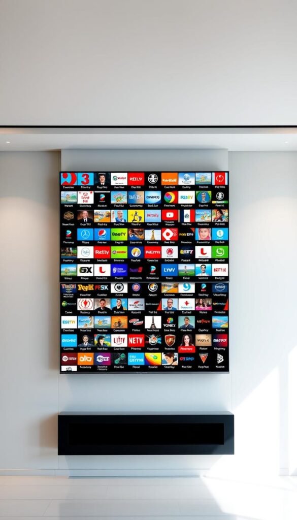 A vast array of IPTV channels displayed on a sleek, modern television screen. The screen is suspended in a minimalist, well-lit room with clean lines and a neutral color palette. The channels are organized in a grid layout, showcasing the extensive 21,000+ live channel library from the Hoxtoon Provider. The image conveys a sense of technological sophistication and global connectivity, reflecting the international nature of the IPTV service. Soft, diffused lighting from above creates a warm, inviting atmosphere, drawing the viewer's attention to the vibrant, high-definition channel icons. The overall composition is visually striking and elegant, highlighting the breadth and quality of the IPTV offering.