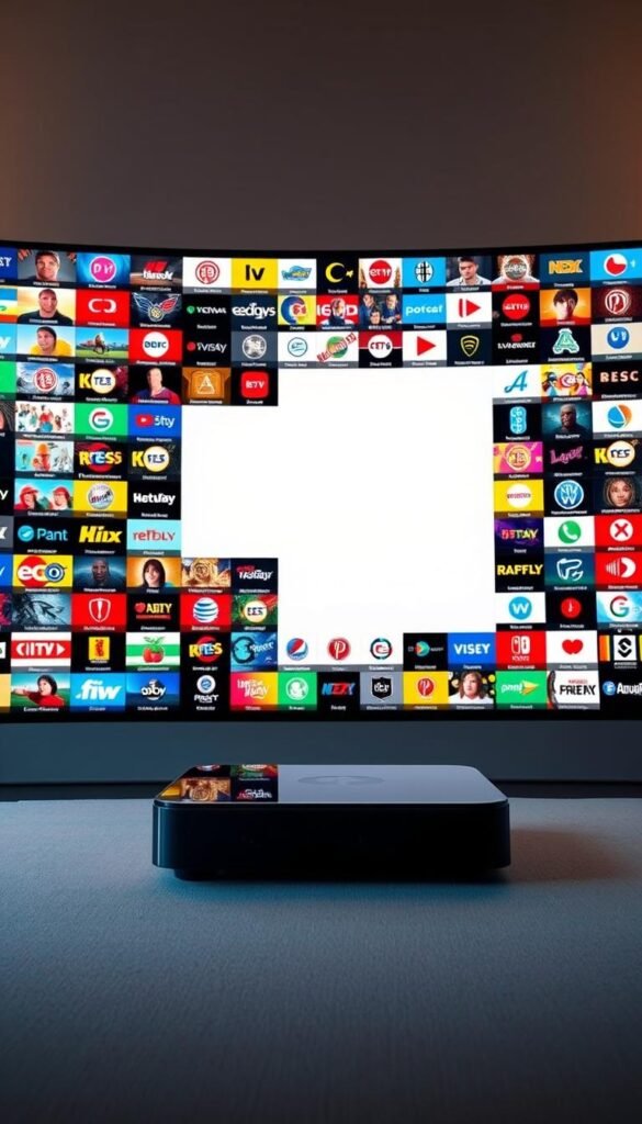 A vast array of IPTV channels spread across a sleek, modern interface, showcasing the comprehensive content library of the Hoxtoon Provider service. The scene is bathed in a soft, warm lighting that highlights the vibrant colors and crisp details of the channel icons, creating an inviting and visually captivating display. In the foreground, a sophisticated cable box or streaming device takes center stage, seamlessly blending form and function. The middle ground features a clean, minimalist design with intuitive navigation, allowing the user to effortlessly browse through the extensive 21,000+ channel selection. The background maintains a subtle, yet elegant aesthetic, subtly hinting at the high-quality viewing experience the Hoxtoon Provider delivers to American viewers.