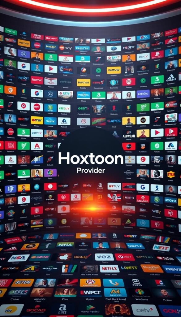 A vast array of digital channels spread across a sleek, futuristic interface. At the center, the Hoxtoon Provider logo shines, surrounded by rows of colorful channel icons in a stylish, minimalist layout. The scene is bathed in a soft, warm lighting that lends a sense of sophistication and technological prowess. In the background, a subtle grid pattern adds depth and structure, hinting at the sheer scale and organization of Hoxtoon's impressive 21,000+ channel selection. The overall composition conveys a sense of abundance, quality, and the future of IPTV entertainment.