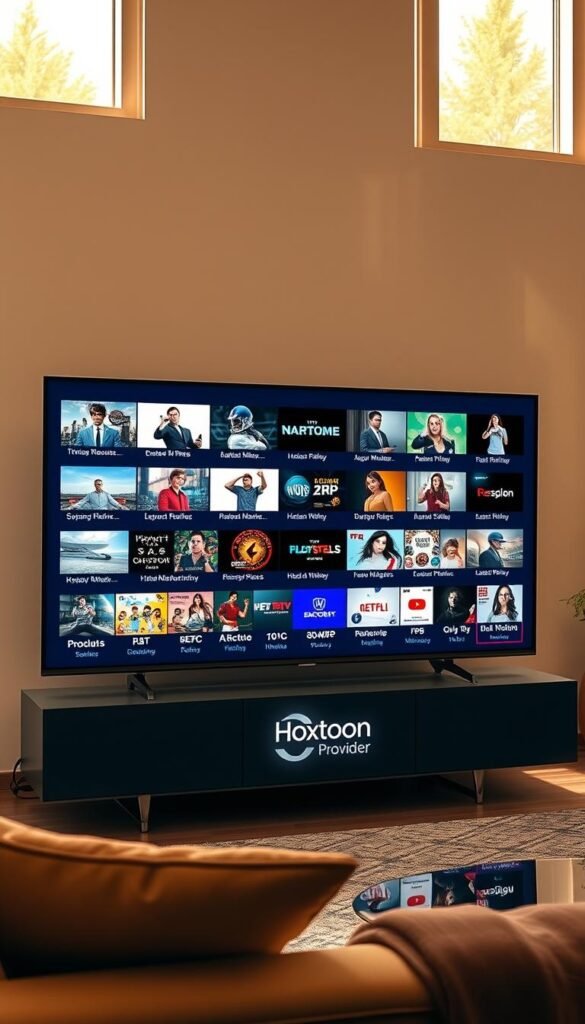 A vast array of high-definition IPTV channels displayed on a sleek, minimalist TV screen. The screen is positioned in a modern, well-lit living room, with warm, natural lighting filtering through large windows. The channels showcase a diverse range of content, from news and sports to movies and entertainment, all with crystal-clear resolution and vibrant colors. The Hoxtoon Provider logo is subtly incorporated into the design, adding a touch of branding to the scene. The overall atmosphere is one of comfort, technology, and an expansive, curated entertainment experience.