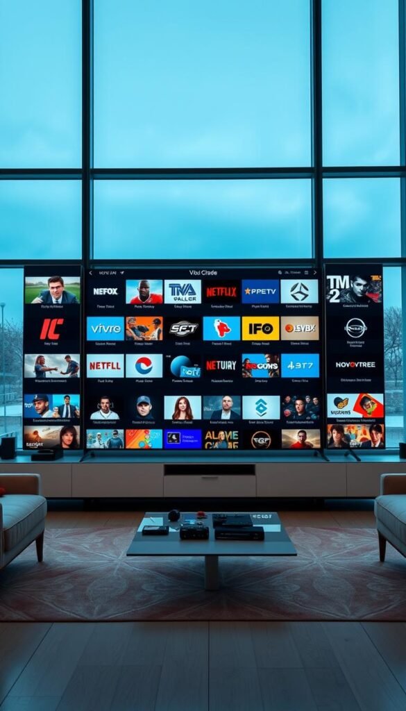 A vast array of high-definition IPTV channels on display, showcasing the extensive content library of the Hoxtoon Provider. The scene depicts a stylish, modern living room with large, floor-to-ceiling windows that flood the space with warm, natural light. In the center, a sleek, state-of-the-art television screen dominates the frame, displaying a diverse selection of channels ranging from news, sports, and entertainment to international programming. The room's minimalist design and neutral color palette create a sense of sophistication and technological prowess, perfectly complementing the crisp, vivid imagery on the screen. The overall atmosphere conveys a premium, high-quality IPTV experience that caters to a discerning audience.