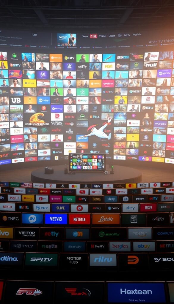 A vast digital landscape filled with a diverse array of IPTV channels, showcasing the extensive content library of the Hoxtoon Provider. In the foreground, rows of stylized channel icons and logos arranged with precision, each one a gateway to a world of entertainment. The middle ground features sleek, futuristic interfaces and minimalist UI elements, hinting at the intuitive user experience. In the background, a kaleidoscope of vibrant, ever-changing visuals - snippets of movies, TV shows, live sports, and more - creating an immersive, cinematic atmosphere. Soft, diffused lighting casts a warm, inviting glow, drawing the viewer into this digital oasis of boundless entertainment.