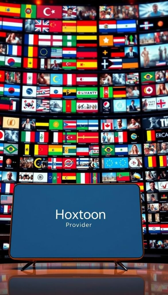 A vast, global mosaic of IPTV channels, their diverse content displayed across multiple screens. In the foreground, a sleek, futuristic interface showcases the Hoxtoon Provider brand, its minimalist design inviting exploration. The middle ground reveals a tapestry of international flags, representing the breadth of Hoxtoon's content library, while the background is filled with a vibrant, ever-shifting array of program thumbnails, hinting at the depth and variety of the available content. The scene is illuminated by a warm, cinematic lighting, conveying a sense of discovery and wonder. The overall composition evokes a seamless, immersive experience of accessing global entertainment from a single, intuitive platform.