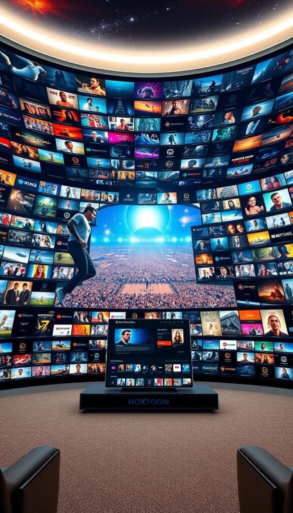 A vast, immersive IPTV universe unfolds, showcasing the Hoxtoon Provider's unparalleled content library. In the foreground, a sleek, modern entertainment center displays rows of on-demand videos and live channels, each icon a gateway to a world of boundless entertainment. The middle ground features a sophisticated user interface, intuitive and seamless, guiding the viewer through a curated selection of over 21,000 channels and 150,000 VODs. In the background, a vibrant, cinematic scene depicts a panoramic view of the diverse content, from sports to movies, news to documentaries, all at the fingertips of the viewer. The lighting is soft and inviting, conveying a sense of ease and accessibility, while the camera angle offers a comprehensive, immersive perspective, capturing the sheer scale and depth of the Hoxtoon Provider's lifetime IPTV access.