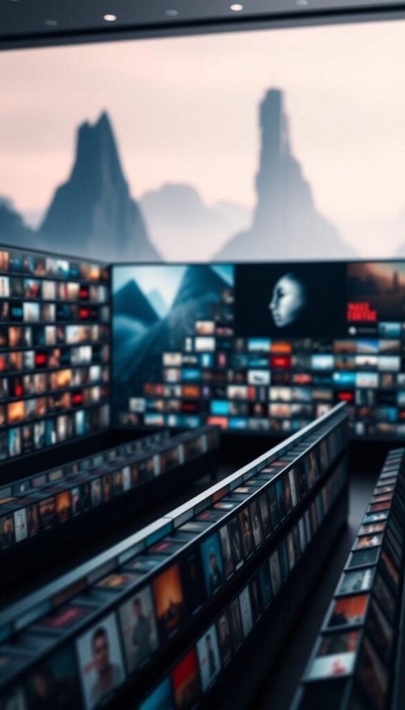 A vast, immersive library of over 150,000 on-demand videos, showcased in a sleek, minimalist interface. In the foreground, rows of thumbnails depicting a diverse range of content - from blockbuster movies to niche documentaries, all meticulously curated by the Hoxtoon Provider brand. The middle ground features a striking backdrop of blurred, cinematic environments, evoking a sense of high-quality entertainment. In the background, a soft, ambient lighting bathes the scene, creating a warm, inviting atmosphere. The overall composition conveys a sense of depth, quality, and the sheer breadth of Hoxtoon's VOD library, ready to be explored.