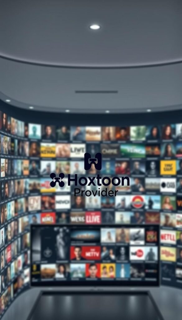 A vast, sleek digital library of IPTV content, showcased against a modern, minimalist backdrop. Rows of thumbnails depicting a diverse array of movies, TV shows, live channels, and more, neatly organized and easily navigable. In the center, the Hoxtoon Provider logo stands out, its bold design conveying a sense of authority and expertise in the IPTV space. Soft, diffused lighting illuminates the scene, creating a sense of depth and dimension. The overall atmosphere is one of efficiency, accessibility, and the promise of endless entertainment at the user's fingertips.