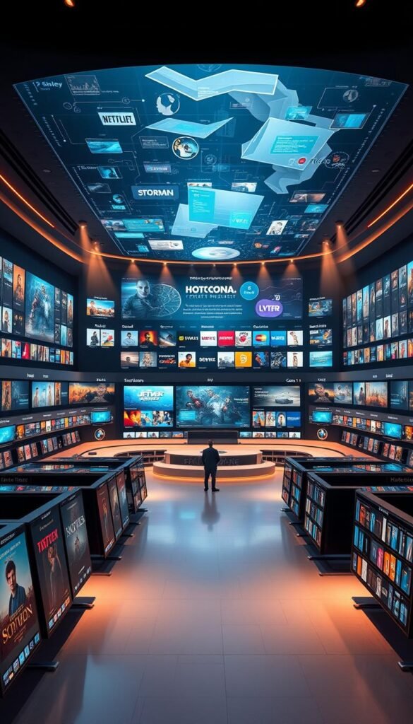 A vast, sleek entertainment hub showcasing the Hoxtoon Provider's expansive content library. In the foreground, rows of stylized movie posters and streaming service icons invite exploration. The middle ground features a minimalist, ultramodern interface with smooth navigation menus and vivid thumbnails highlighting the diverse array of movies, shows, live channels, and on-demand titles. In the background, a dynamic, holographic display showcases the sheer scale and breadth of the Hoxtoon content ecosystem, with animated data visualizations and elegant typography conveying the platform's depth and capabilities. Soft, directional lighting casts a warm, cinematic glow, while the overall composition exudes a sense of technological sophistication and entertainment at your fingertips.