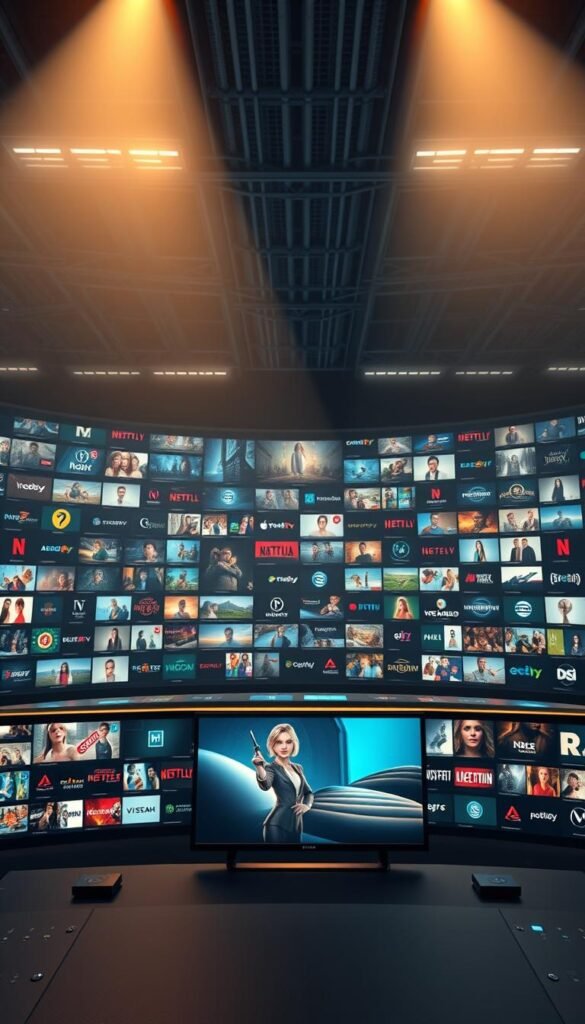 A vast, sprawling IPTV content library, filled with over 21,000 live TV channels and 150,000 on-demand videos, all accessible through the sleek Hoxtoon Provider interface. The scene depicts a sophisticated, minimalist control panel, bathed in soft, directional lighting that highlights the depth and breadth of the content on offer. In the foreground, a series of stylized channel icons and genre tags float effortlessly, creating a sense of endless entertainment possibilities. The middle ground showcases a cinematic, high-resolution preview of a popular on-demand title, hinting at the exceptional video quality. In the background, a vast, interconnected network of servers and data centers is visible, underscoring the robust infrastructure that powers this expansive IPTV ecosystem.