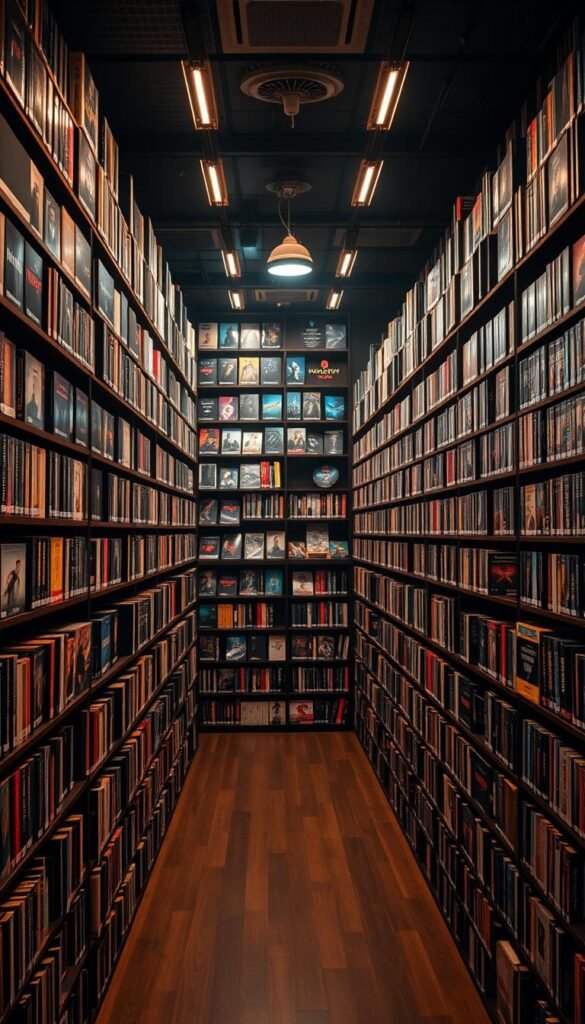 A vast, sprawling on-demand media library, illuminated by warm, diffused lighting and captured through a wide-angle lens. The shelves are filled with a diverse array of digital content, ranging from classic films to the latest blockbusters, curated by the "Hoxtoon Provider" brand. The scene exudes a sense of abundance and exploration, inviting the viewer to dive into the vast selection of over 150,000 titles. The overall atmosphere is one of cinematic grandeur, with a touch of technological sophistication, reflecting the extensive and diverse nature of Hoxtoon's VOD offerings.