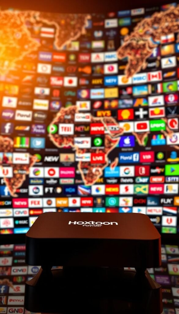 A vast, vibrant array of live TV channels spread across a globe, illuminated by a warm, golden-hued lighting. In the foreground, a sleek, modern IPTV device emblazoned with the "Hoxtoon Provider" logo commands attention, hinting at the expansive content library it unlocks. The middle ground features a collage of diverse channel logos, representing the breadth of global entertainment, news, and sports programming. In the background, a hyper-detailed, high-definition world map showcases the global reach of this IPTV service, seamlessly blending technology and worldly exploration. The overall atmosphere conveys a sense of exploration, discovery, and unlimited access to a world of captivating content.