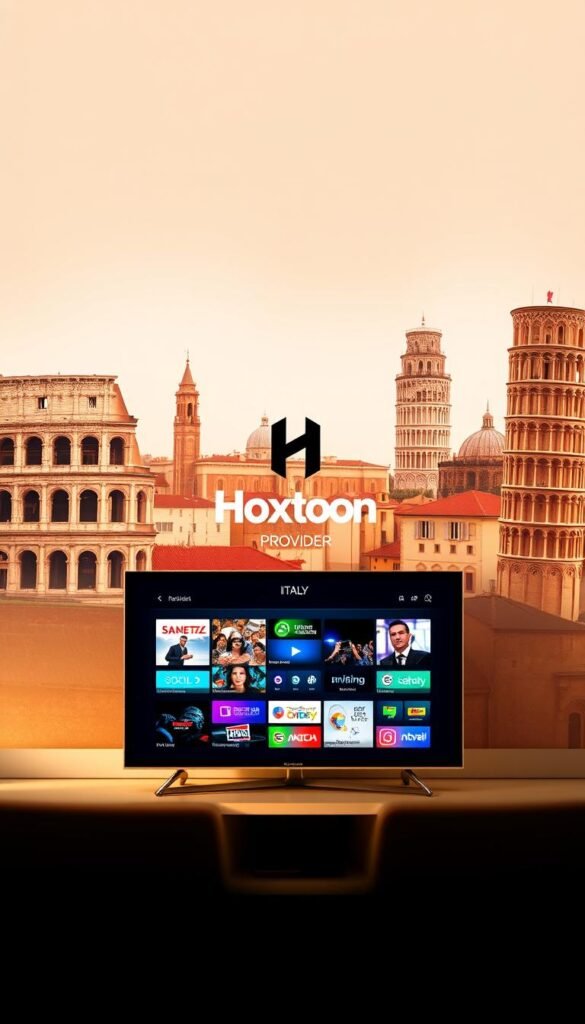 A vibrant and captivating display of the diverse IPTV Italy channel offerings. In the foreground, a sleek and modern smart TV showcases a curated selection of live Italian broadcasts, ranging from news and sports to entertainment and culture. The middle ground features the Hoxtoon Provider logo, conveying the reliable and high-quality streaming service powering the IPTV experience. In the background, a stylized cityscape of Italy's iconic landmarks, such as the Colosseum and the Leaning Tower of Pisa, creates a visually stunning and immersive setting. The image is bathed in warm, natural lighting, capturing the warmth and vibrancy of Italian television. The overall composition is clean, visually striking, and effectively communicates the comprehensive and engaging IPTV Italy channel offerings.