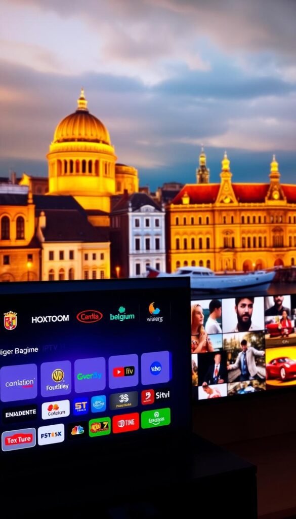 A vibrant and dynamic IPTV display showcasing the diverse range of Belgian channels. In the foreground, a sleek and modern television set showcases a variety of channel logos, including the Hoxtoon Provider brand, against a backdrop of rich, saturated colors. The middle ground features a seamless arrangement of various content thumbnails, capturing the breadth of programming available. In the background, a stylized cityscape of Belgium's iconic architecture sets the scene, bathed in a warm, golden light that creates a sense of inviting atmosphere. The overall composition conveys the benefits of IPTV services in Belgium - a comprehensive and immersive entertainment experience tailored to the local audience.