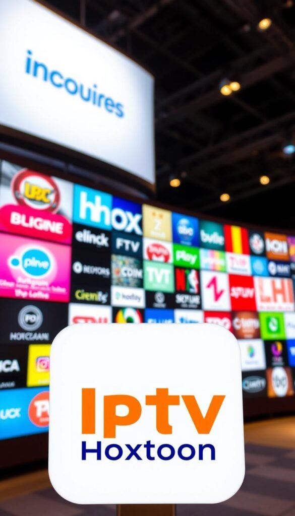 A vibrant and dynamic image of the IPTV Belgium market, showcasing a diverse array of channel logos and branding against a backdrop of modern, sleek displays. In the foreground, the Hoxtoon Provider logo prominently stands out, its bold colors and clean design capturing the attention. The middle ground features a grid-like arrangement of various IPTV channel logos, each distinct and easily recognizable, conveying the breadth of options available to Belgian viewers. The background is illuminated by a soft, warm lighting, creating a sense of professionalism and technological sophistication. The overall composition is balanced, with a focus on clarity and visual appeal, perfectly suited to illustrate the "IPTV Belgium Providers: Complete Market Overview" section of the article.