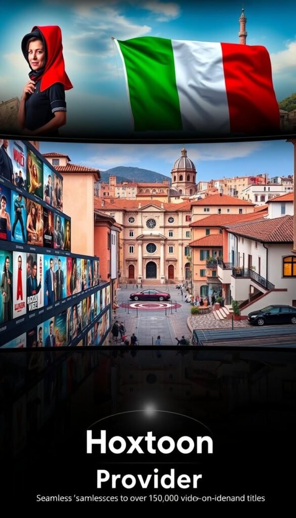 A vibrant and immersive Italian entertainment experience, showcasing a vast library of on-demand content. A sleek and modern interface displays rows of captivating movie posters, TV show thumbnails, and iconic Italian landmarks. In the foreground, the Hoxtoon Provider logo shines, signifying seamless access to over 150,000 video-on-demand titles. The middle ground features a curated selection of popular Italian dramas, comedies, and culinary shows, while the background is filled with the warm, cinematic tones of a quintessential Italian cityscape, complete with cobblestone streets, terracotta roofs, and a picturesque piazza. The overall atmosphere evokes a sense of immersion in the richness of Italian culture and entertainment.