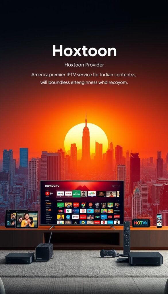 A vibrant and modern digital landscape showcasing Hoxtoon Provider, America's premier IPTV service for Indian content. In the foreground, a sleek, high-definition TV displays a diverse array of Indian channels and programs. Surrounding it, a stylized array of smart devices, tablets, and streaming boxes, all seamlessly integrated into the Hoxtoon ecosystem. The middle ground features a striking cityscape, with skyscrapers and landmarks representing the global reach of this innovative IPTV platform. In the background, a warm, saturated sunset casts a golden glow, symbolizing the accessibility and boundless entertainment options Hoxtoon provides to Indian audiences worldwide. Crisp, cinematic lighting and a modern, minimalist design aesthetic convey the cutting-edge technology and premium user experience that defines the Hoxtoon Provider brand.