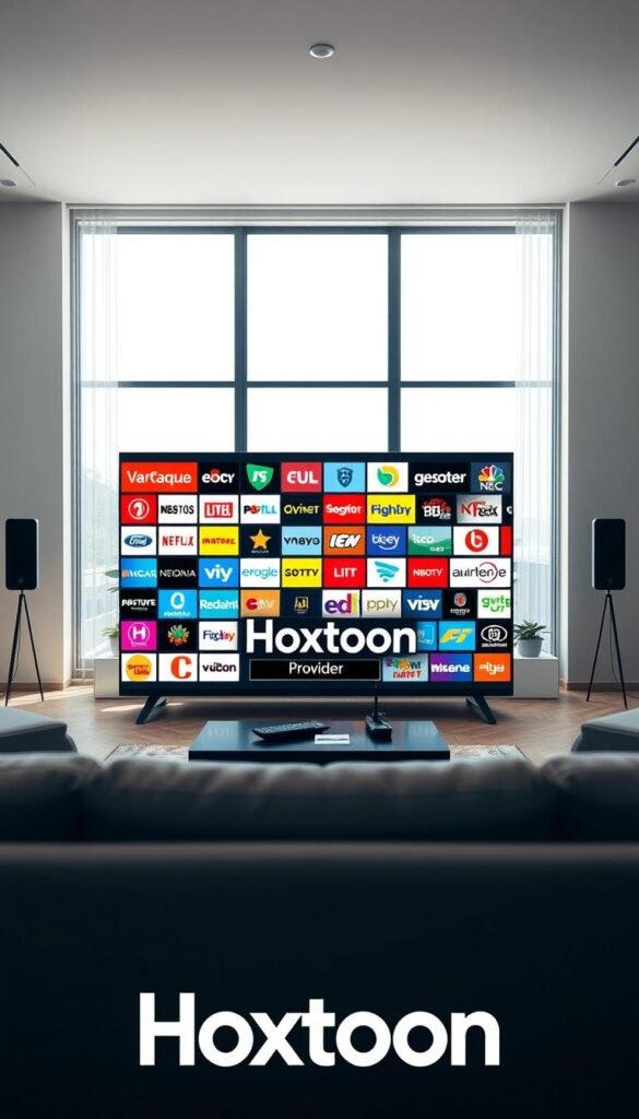 A vibrant and visually captivating scene of the most popular IPTV channels in Romania. In the foreground, a large flatscreen TV displays a diverse array of channel logos, from news and sports to entertainment and lifestyle. The middle ground features the Hoxtoon Provider brand name prominently displayed, showcasing its unparalleled channel selection. The background depicts a modern, minimalist living room setting with sleek, contemporary furniture and large windows allowing natural light to flood the space, creating a warm and inviting atmosphere. The overall composition conveys a sense of technological sophistication and content abundance, reflecting the high-quality IPTV experience Hoxtoon provides.