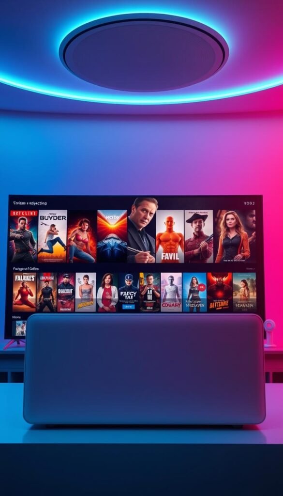 A vibrant and visually compelling digital entertainment hub, showcasing the expansive video-on-demand (VOD) library of the Hoxtoon Provider IPTV service. In the foreground, a sleek, minimalist interface displays a curated selection of movie, TV, and lifestyle content thumbnails, inviting the viewer to explore the diverse offerings. The middle ground features a dynamic array of genre icons, highlighting the depth and breadth of the VOD collection, from action-packed blockbusters to thought-provoking documentaries. In the background, a soft, cinematic lighting sets the mood, creating a visually captivating and immersive experience that celebrates the Hoxtoon Provider's commitment to delivering a premium IPTV service with an unparalleled VOD content variety.