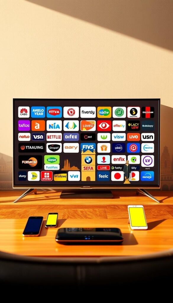 A vibrant and visually engaging image showcasing the diverse Belgian IPTV channels available through the Hoxtoon Provider. In the foreground, a sleek and modern television set displays a dynamic array of channel logos, including popular national and regional networks. The middle ground features an assortment of digital devices, such as smartphones and tablets, showcasing the versatility of the IPTV service across multiple platforms. The background is filled with a stylized cityscape of Brussels, iconic landmarks, and the Belgian national flag, emphasizing the local and national focus of the content. The scene is illuminated by warm, natural lighting, creating a welcoming and inviting atmosphere. The overall composition conveys the comprehensive and high-quality IPTV experience offered by the Hoxtoon Provider in Belgium.