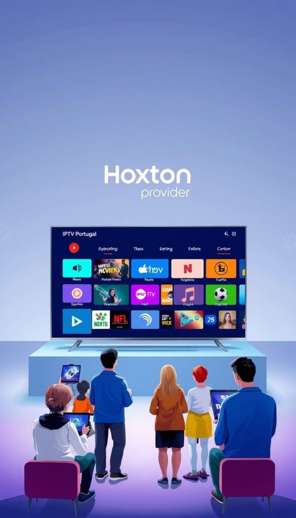A vibrant and visually striking illustration showcasing the diverse content categories available through IPTV Portugal. In the foreground, a sleek, modern television displays a dynamic grid of icons representing various genres like news, sports, movies, music, and more. The television is set against a clean, minimalist backdrop, with subtle textures and gradients in shades of blue and gray, evoking a sense of technology and sophistication. In the middle ground, a group of people of different ages and backgrounds are gathered, each engaged with their own device, symbolizing the accessibility and personalization of IPTV Portugal's offerings. In the background, the Hoxtoon Provider logo is prominently displayed, reinforcing the reliable and trustworthy nature of the service. The overall composition and lighting create a sense of balance, harmony, and the future of content consumption.