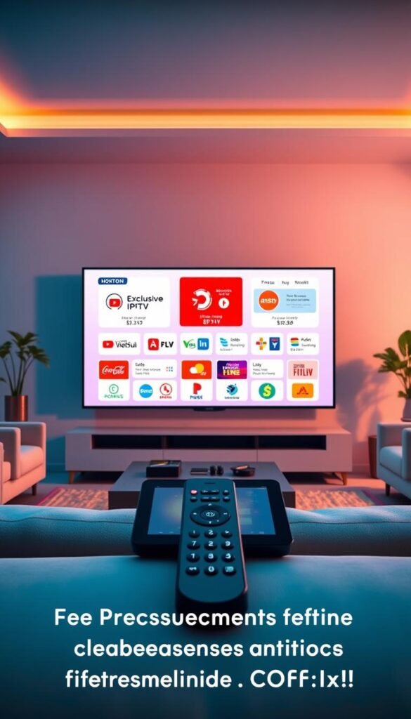 A vibrant and visually striking image showcasing the exclusive IPTV promotions from Hoxtoon Provider. The scene depicts a sleek, modern living room setting with a large, high-definition television screen prominently displayed. On the screen, a captivating array of IPTV packages and special offers are presented in a clean, minimalist design, highlighting the exceptional value and lifetime access. The room is bathed in a warm, inviting lighting, creating a sense of comfort and luxury. In the foreground, a stylized remote control and a tablet device are strategically placed, emphasizing the user-friendly nature of Hoxtoon's IPTV services. The overall atmosphere conveys a sense of exclusivity, professionalism, and the perfect timing for consumers to take advantage of this exceptional IPTV lifetime offer.