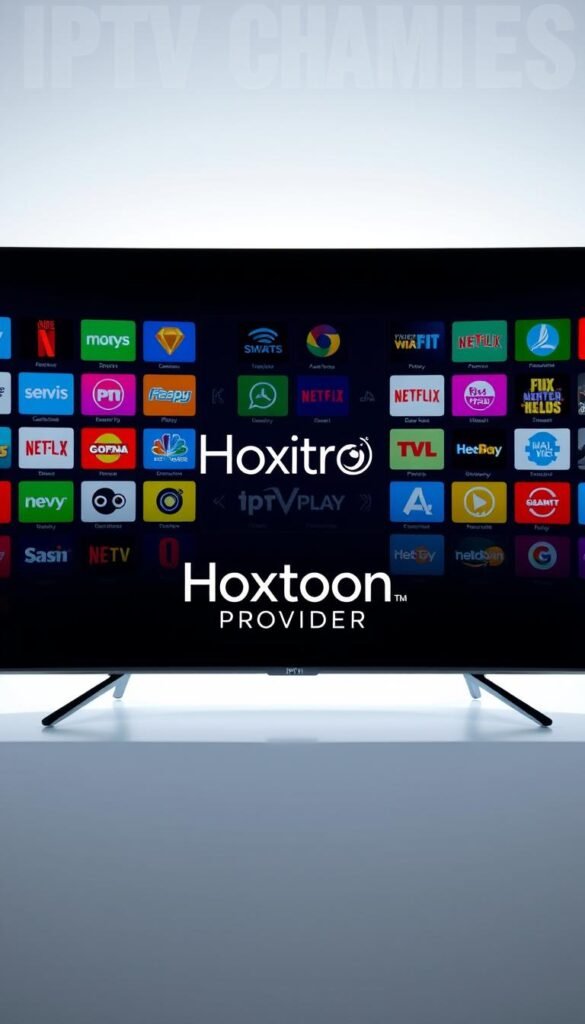 A vibrant array of IPTV channel icons displayed on a sleek, minimalist interface. The foreground features a grid of colorful channel logos, each conveying the diverse content available - movies, sports, news, and more. The middle ground showcases the Hoxtoon Provider brand name, conveyed through a modern, elegant typographic treatment. The background is a subdued, gradient-based design, providing a clean, uncluttered canvas to highlight the channel variety. Soft, directional lighting creates depth and emphasizes the crisp, high-definition quality of the icons. The overall scene exudes a sense of professionalism, technological sophistication, and the comprehensive IPTV offerings of the Hoxtoon Provider.