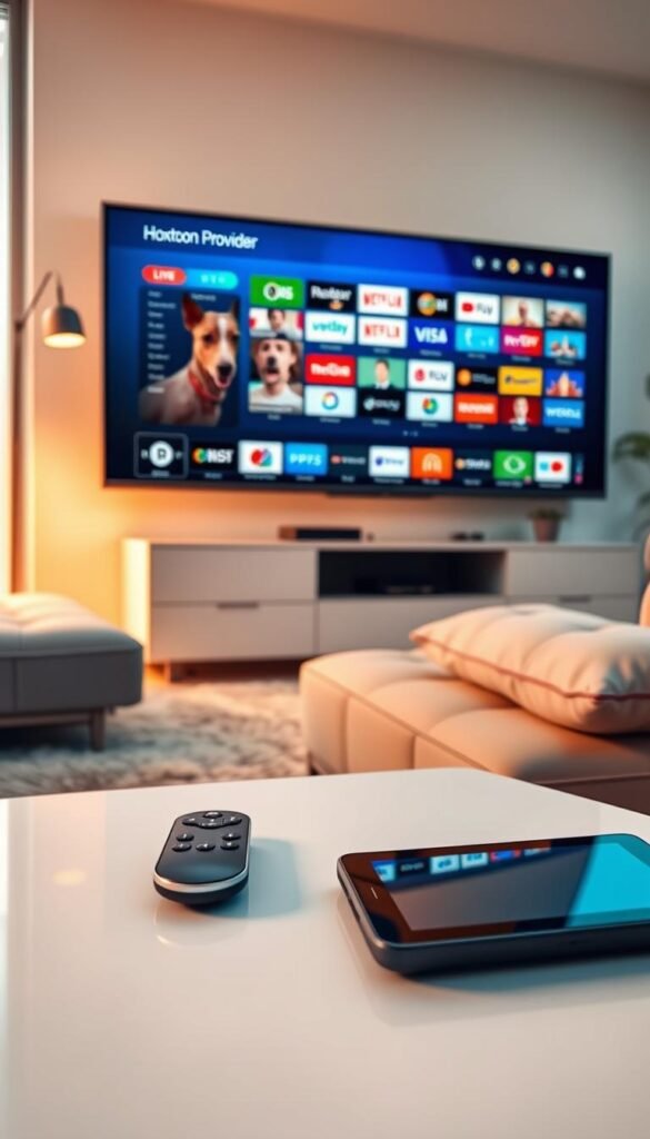 A vibrant, cinematic image showcasing a modern living room setup with a flat-screen TV prominently displaying the Hoxtoon Provider IPTV service, offering a diverse array of international channels. In the foreground, a sleek remote control and a tablet or smartphone are placed on a minimalist coffee table, hinting at the seamless user experience. The middle ground features plush, contemporary furniture creating a cozy, inviting atmosphere. The background is softly lit, with warm, diffused lighting from a floor lamp and natural light filtering through large windows, conveying a sense of comfort and global connectivity. The overall scene exudes a premium, high-tech aesthetic that captures the essence of "Buy IPTV with International Channels - Global Access."