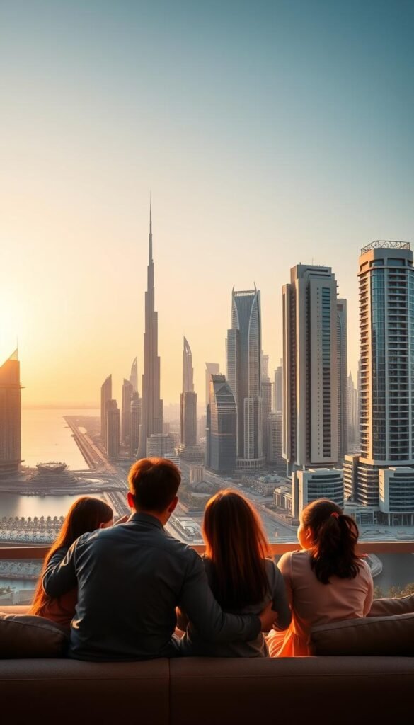 A vibrant cityscape of Dubai showcasing the benefits of IPTV services, bathed in warm, golden light. In the foreground, a family gathers around a sleek, modern television, immersed in a seamless, high-quality streaming experience provided by the Hoxtoon Provider. The middle ground features skyscrapers and iconic landmarks, symbolizing the technological advancements and connectivity that IPTV enables. In the background, a serene Arabian Gulf backdrop, hinting at the global reach and accessibility of IPTV services. The scene exudes a sense of convenience, entertainment, and the seamless integration of technology into daily life in Dubai.