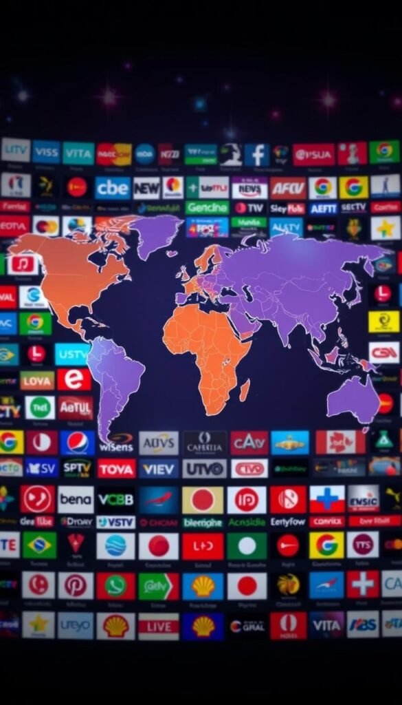 A vibrant collage of IPTV channels from around the world, showcasing the global reach and diversity of the Hoxtoon Provider platform. In the foreground, a kaleidoscope of channel logos and icons from various continents and regions, arranged in a visually striking pattern. The middle ground features a world map, with highlighted regions and countries, representing the comprehensive international coverage. In the background, a soft, atmospheric lighting creates a sense of depth and dynamism, emphasizing the global connectivity. The image conveys a sense of exploration, discovery, and the ability to access a wide range of international content seamlessly through the Hoxtoon Provider IPTV service.