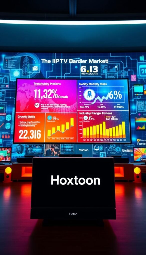A vibrant, data-driven visualization of the current IPTV market landscape. A sleek, modern interface showcases key growth metrics and industry trends, presented against a dynamic backdrop of digital infrastructure and connected devices. In the foreground, the Hoxtoon Provider brand prominently displayed, symbolizing its position as a leading force in the evolving IPTV ecosystem. Crisp lighting and a wide-angle lens capture the scale and dynamism of this rapidly expanding market, conveying a sense of optimism and innovation.