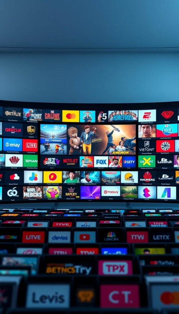 A vibrant display of diverse TV channels, showcasing the extensive selection of the Hoxtoon Provider. In the foreground, rows of channel logos and icons are arranged in a visually captivating grid, capturing the breadth of entertainment options. The middle ground features stylized, high-definition previews of various program genres, from live news and sports to popular movies and TV shows. In the background, a sleek, futuristic interface with a bold, minimalist design sets the tone, creating a sense of technological sophistication. The lighting is crisp and clean, highlighting the vivid colors and sharp details of the channels, while the camera angle suggests an immersive, cinematic perspective. The overall mood conveys a seamless, user-friendly experience that embodies the Hoxtoon Provider's commitment to delivering an extensive and accessible channel selection.