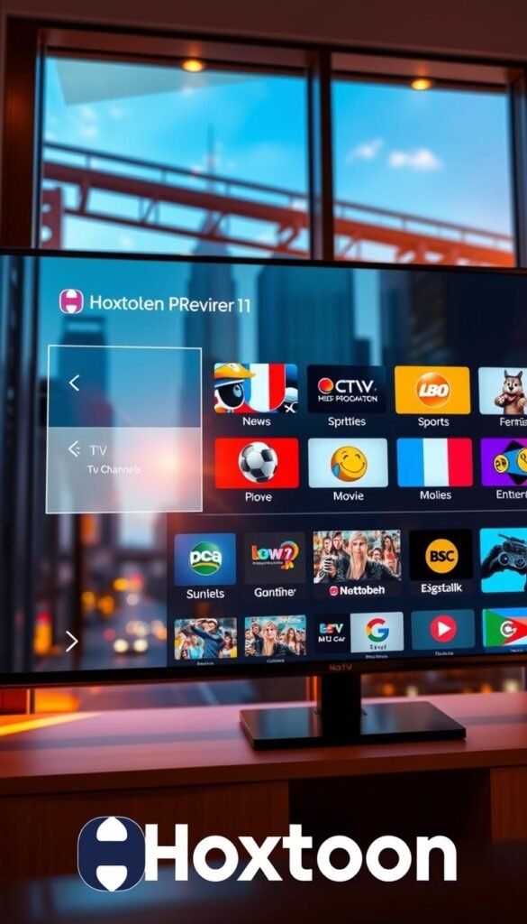A vibrant, high-definition image of a sleek, modern IPTV interface showcasing a diverse selection of German-language channels and programming. The UI features a clean, minimalist design with a focus on intuitive navigation. A central grid layout displays channel logos and previews, highlighting popular options like news, sports, movies, and entertainment. The background features a blurred cityscape of skyscrapers and infrastructure, conveying the urban, technological setting. Warm, natural lighting casts a cozy ambiance, and the Hoxtoon Provider brand logo is subtly integrated into the design.