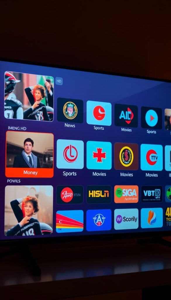 A vibrant, high-resolution image of a sleek, modern IPTV user interface, showcasing a diverse array of HD channels from the Hoxtoon Provider service. The screen displays a clean, minimalist design with sharp, colorful icons representing various genre-specific channels, including news, sports, movies, and international content. The interface is bathed in a warm, diffused lighting, creating a sense of depth and a premium, high-tech aesthetic. The overall composition emphasizes the growing popularity and accessibility of IPTV services for American audiences, highlighting the Hoxtoon Provider's ability to deliver a seamless, immersive viewing experience.